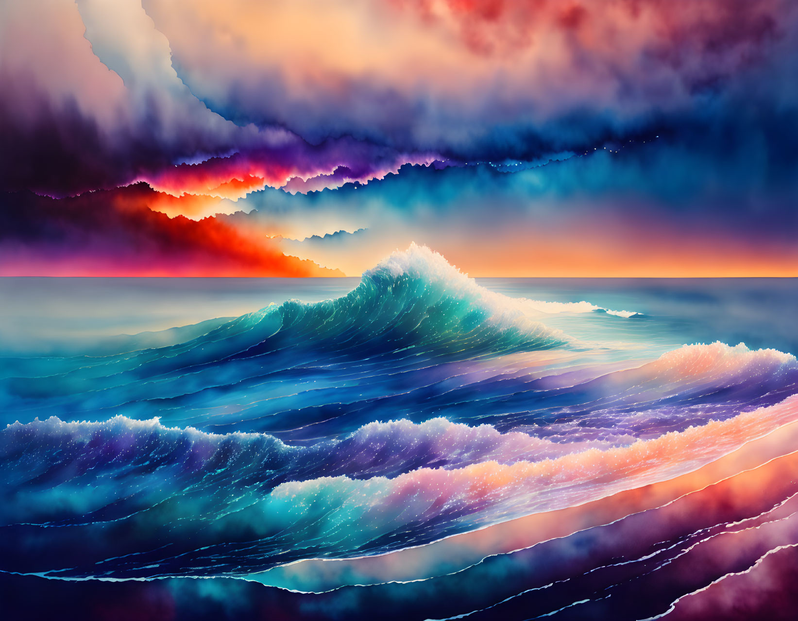 Vibrant digital art: Wave under fiery sunset sky