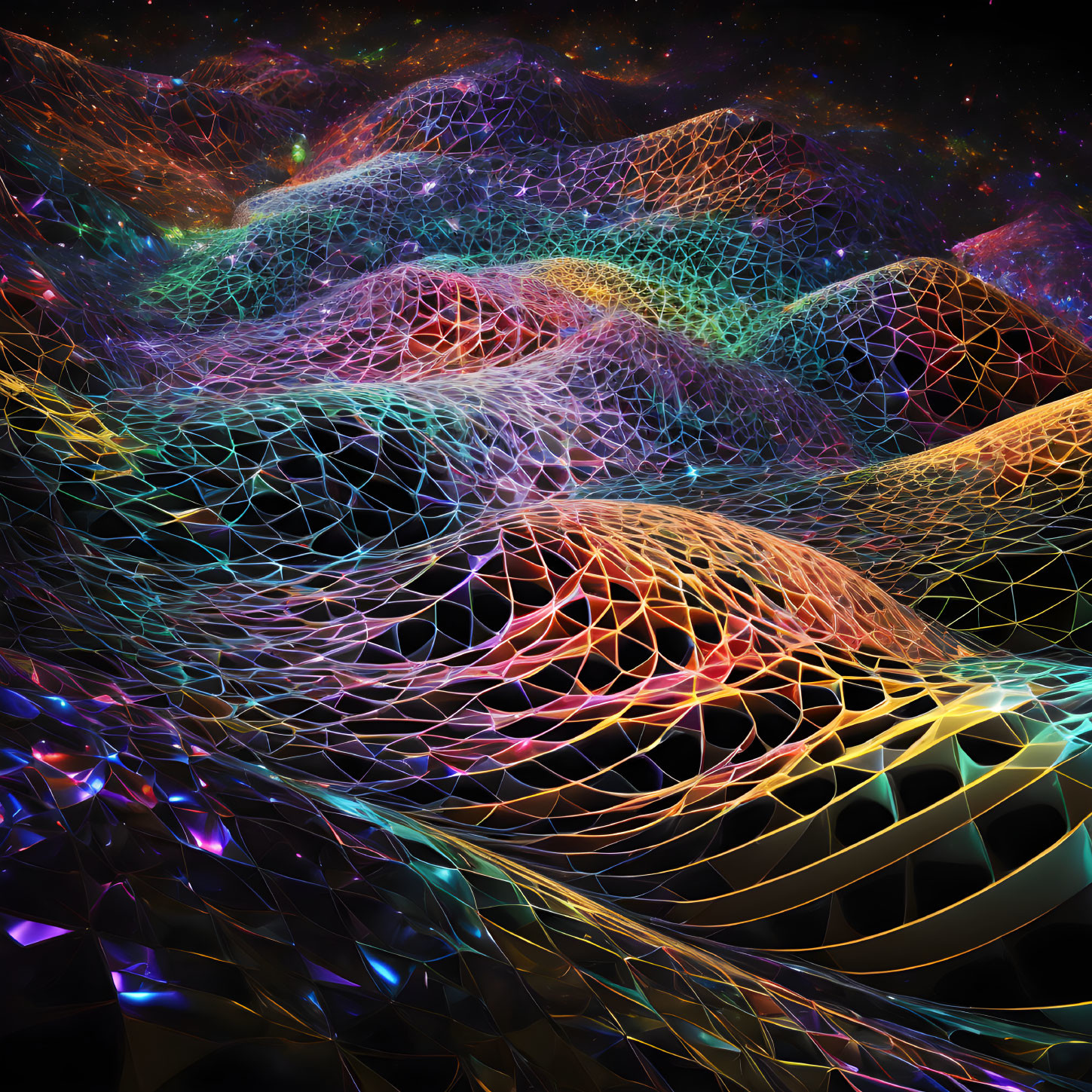 Colorful Neon Mesh Landscapes in Futuristic Space Terrain