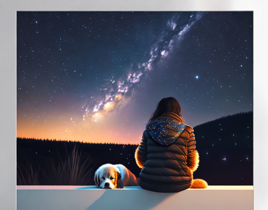 Person and Dog Under Starry Milky Way Night Sky & Forest Silhouette