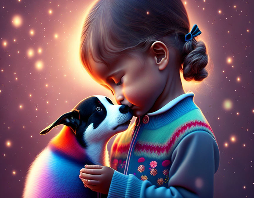 Young girl with ponytail touching noses with small black and white dog under starry night.