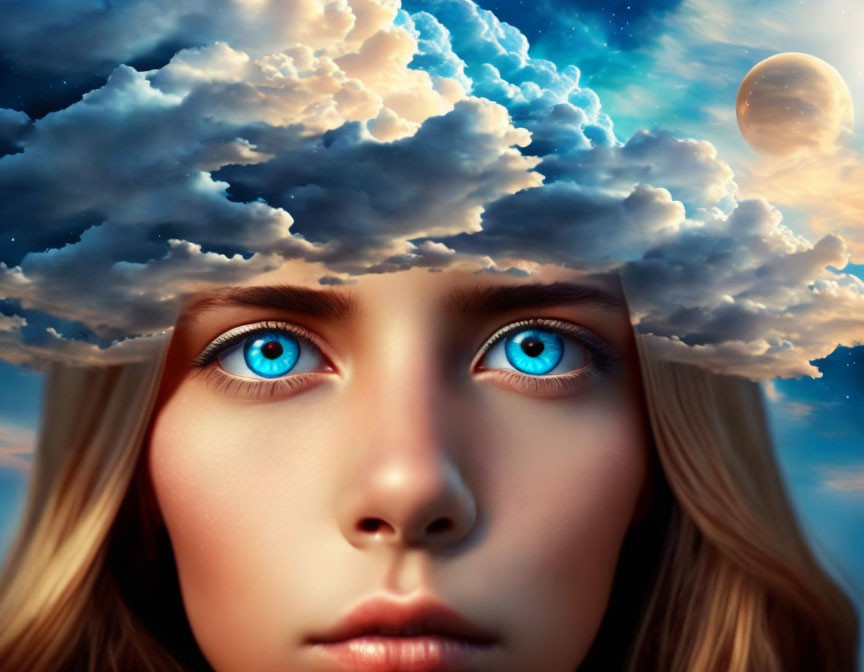 Portrait of a person with blue eyes, cloud hair, twilight sky, and distant moon