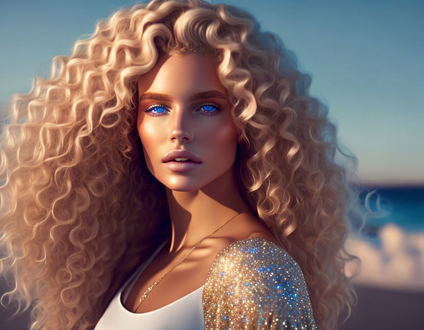 Blonde woman with curly hair in sequined top on beach backdrop