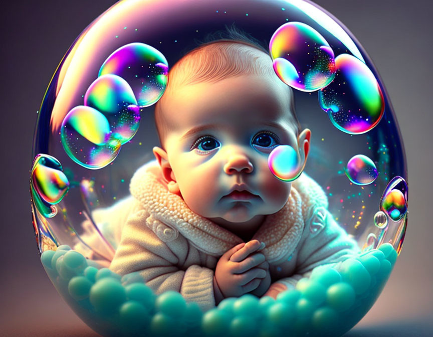 Infant in Transparent Bubble Among Colorful Bubbles