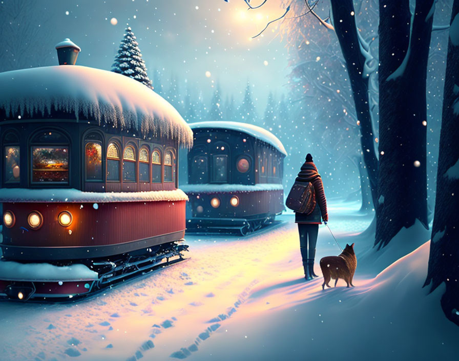 Person with Dog Standing by Train on Snowy Tracks in Twilight Snowfall