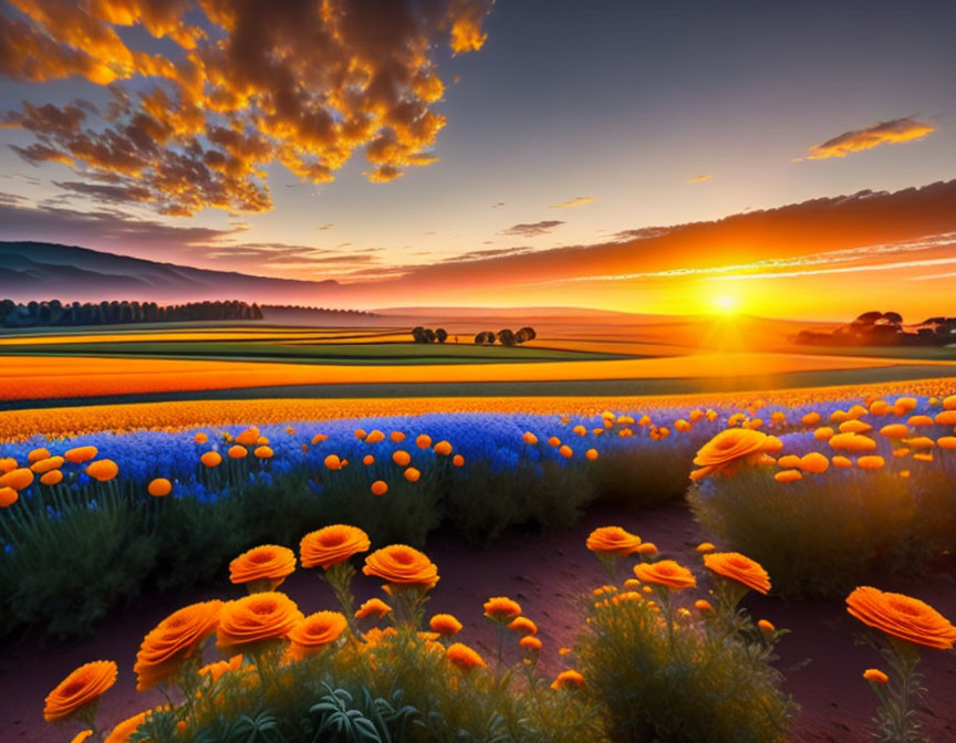 Vibrant flower field at sunset with orange and blue blossoms