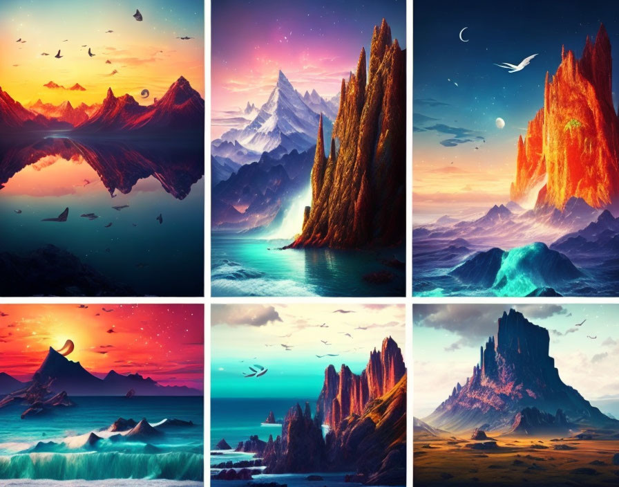 Colorful landscapes: mountains, seas, skies, birds, and celestial elements in vibrant oranges, blues