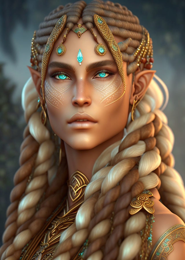 Digital portrait of an elf with golden jewelry, braided blonde hair, pointed ears, and blue eyes