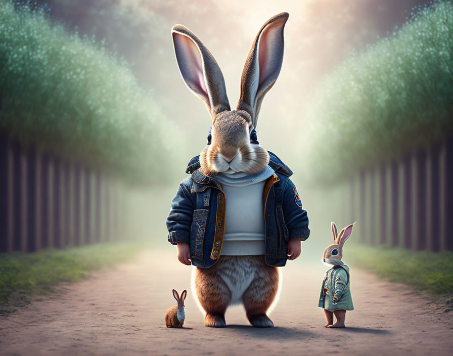 Three anthropomorphic rabbits in different-sized outfits on a misty path