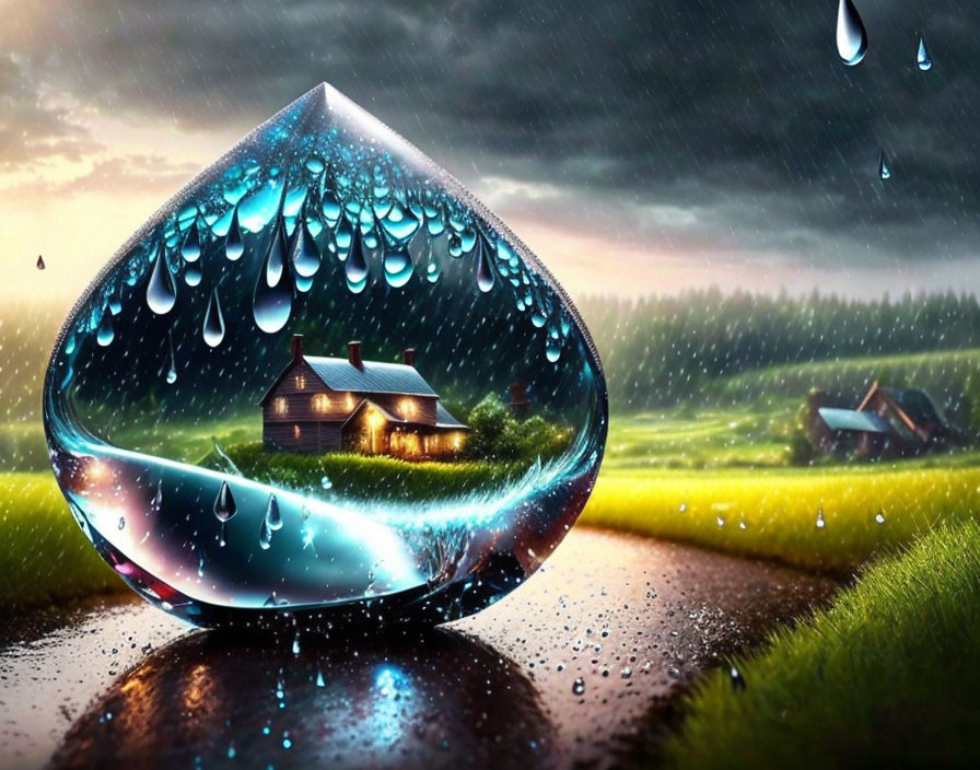 Hyperrealistic digital artwork: large water droplet with house, rainy landscape.