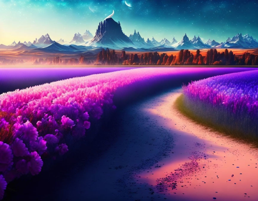 Scenic winding path through purple and pink fields with snow-capped mountains under starry dusk sky