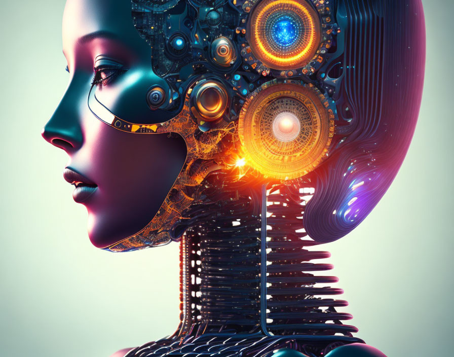 Digital artwork blending woman's profile with mechanical elements for a futuristic look