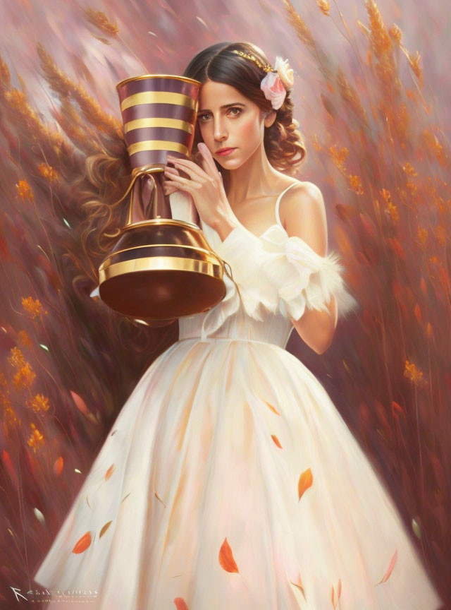 Woman in White Dress Holding Antique Golden Cylinders in Amber Grass