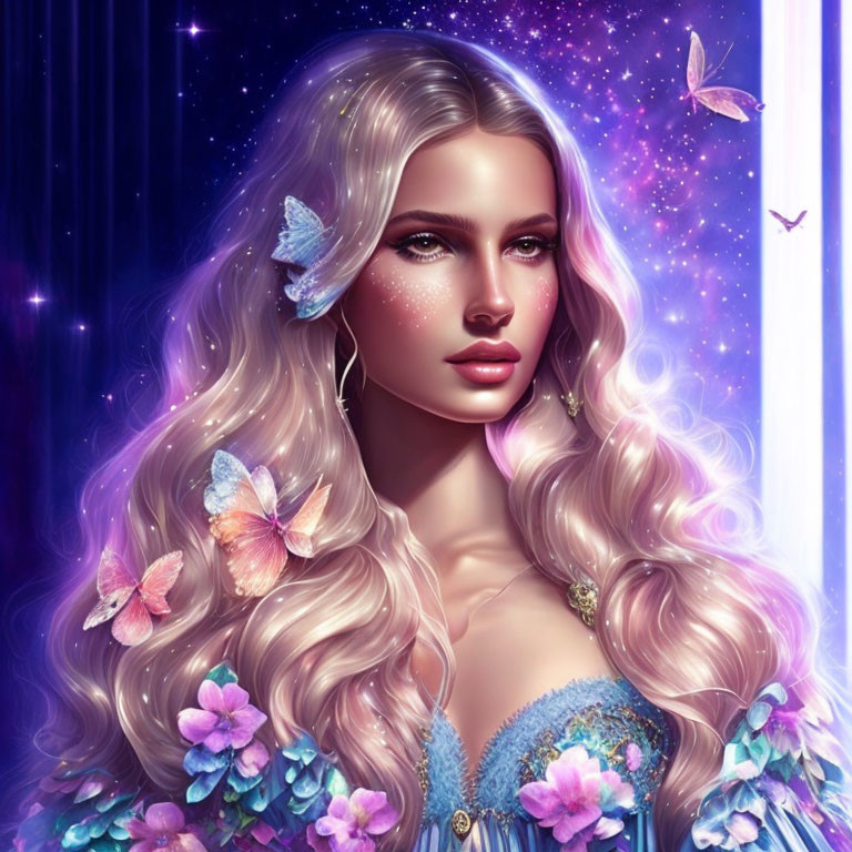 Digital artwork: Woman with wavy hair, butterflies, flowers on purple starry background