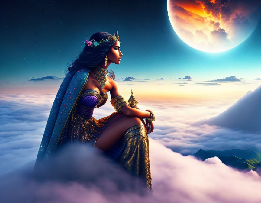 Regal woman in ornate attire gazes at moon in twilight sky