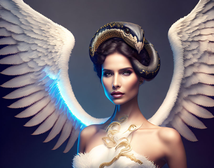 Surreal portrait of woman with angel wings and snake, emitting blue light