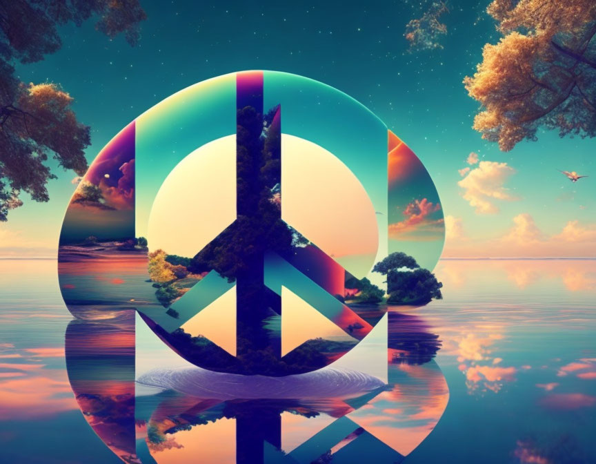 Colorful Peace Symbol Over Serene Lakescape at Sunset