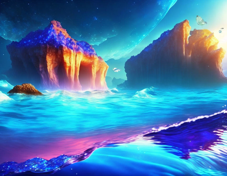 Colorful Fantasy Seascape with Glowing Water and Starry Sky