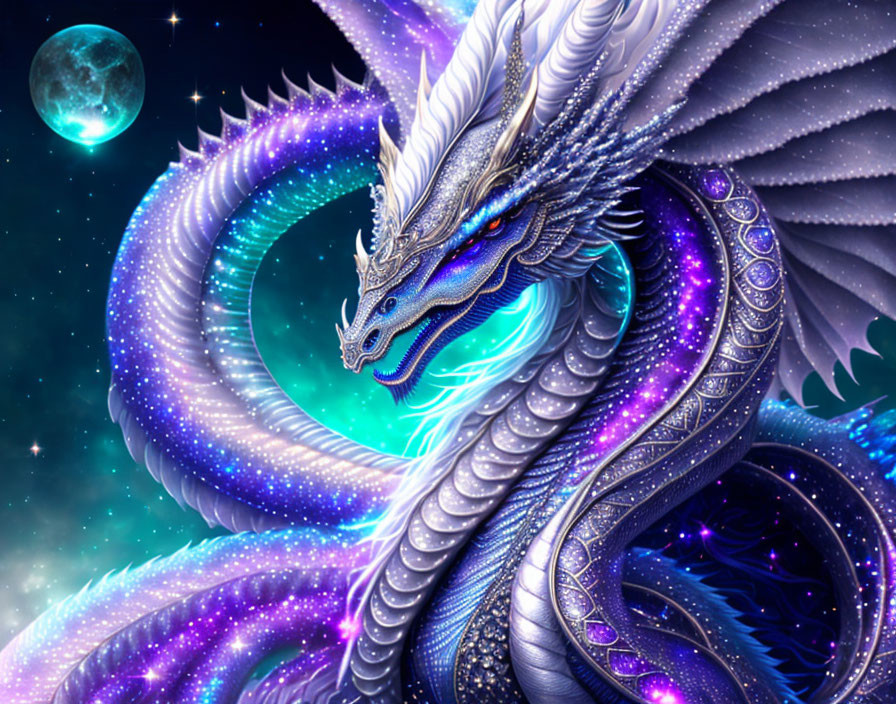 Luminous blue and purple dragon in cosmic setting