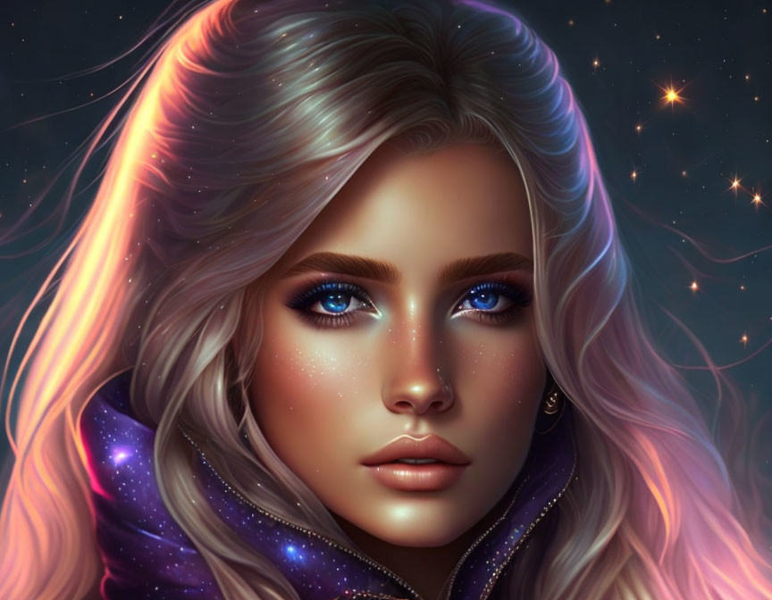 Digital portrait of a woman with blue eyes, starry hair, and cosmic jacket