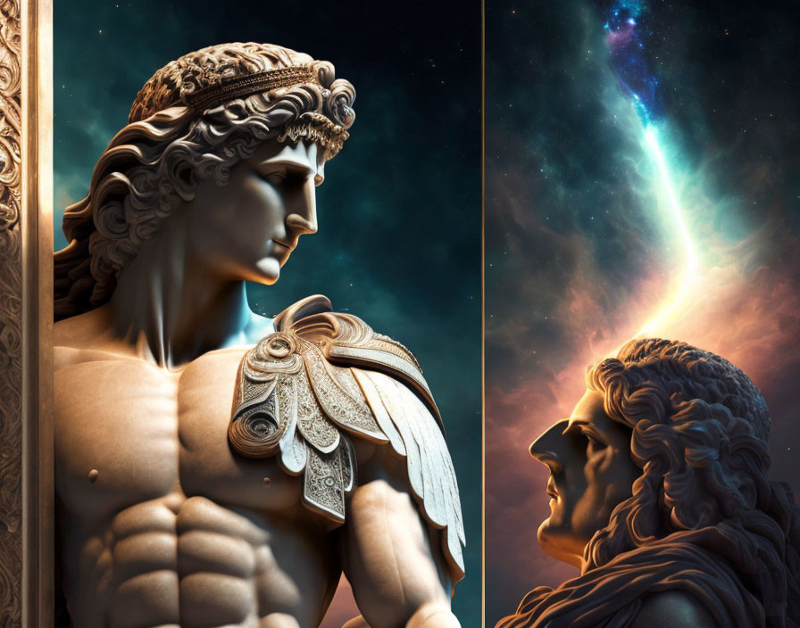 Classical sculpture split-image: daylight vs. cosmic backdrop