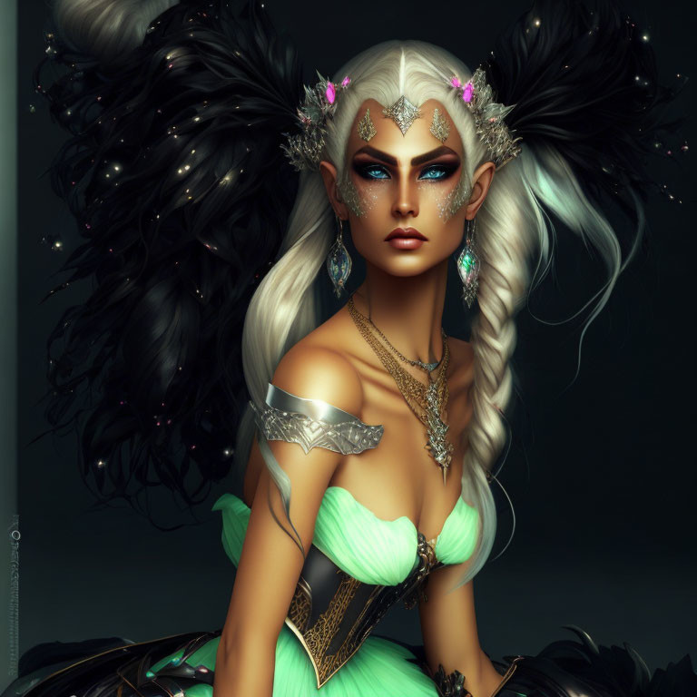 Fantasy Character with Black and White Hair and Pointed Ears in Green and Gold Outfit