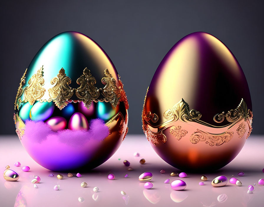 Ornate Easter Eggs with Metallic Surfaces and Gold Details