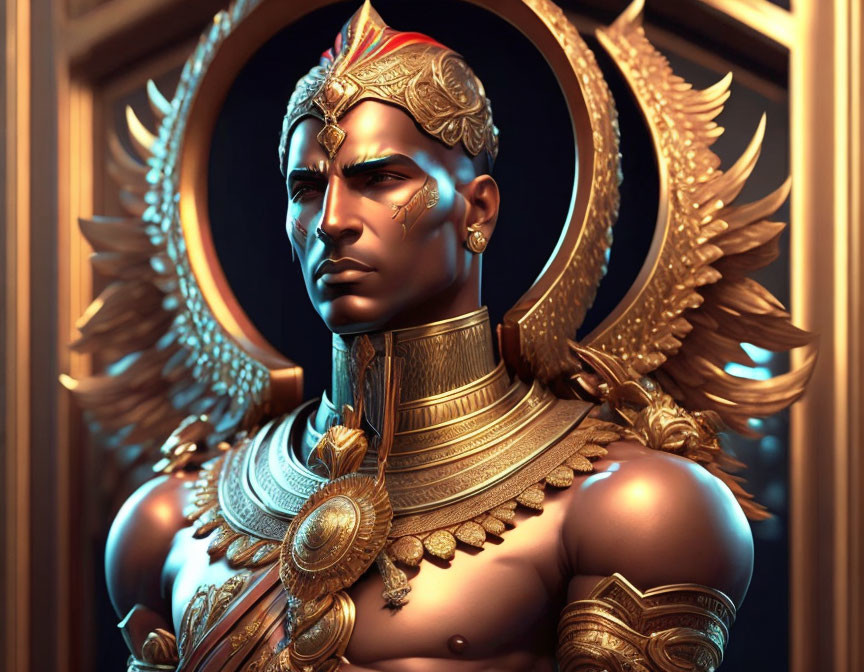 Detailed 3D render of male figure in ornate golden armor with wing motifs