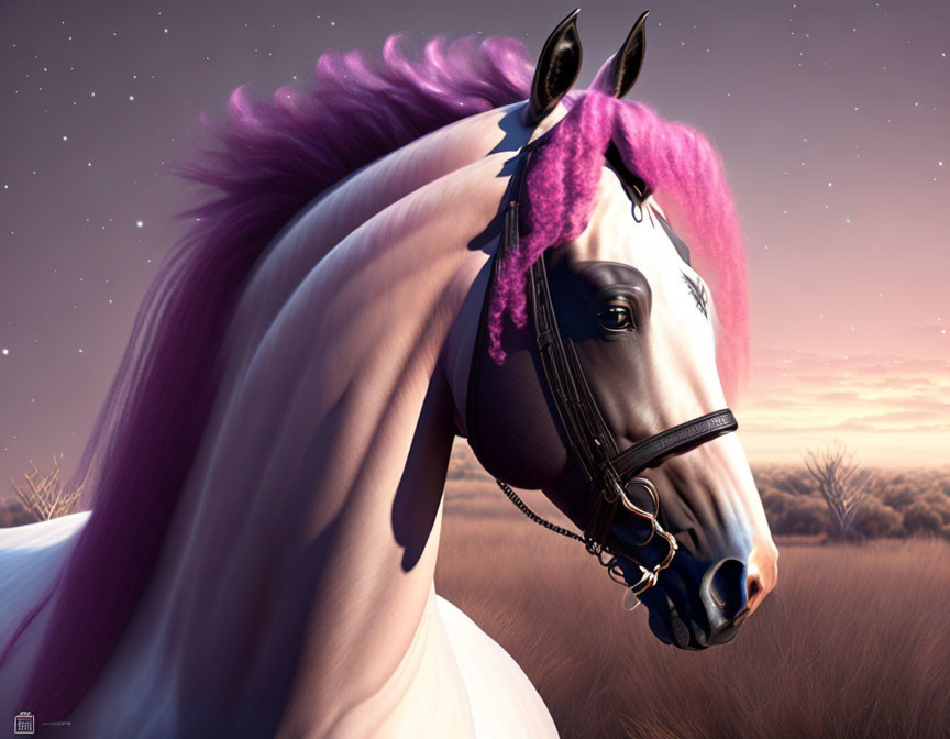 Digitally rendered horse with purple and pink mane in twilight savannah landscape