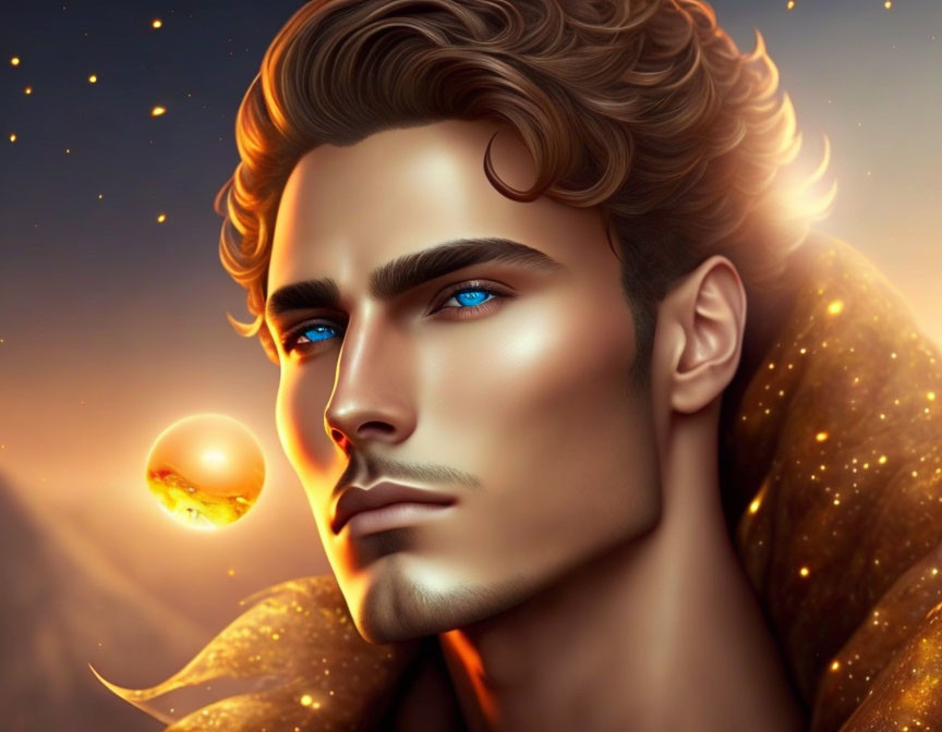 Man with Striking Blue Eyes in Golden Cloak against Evening Sky