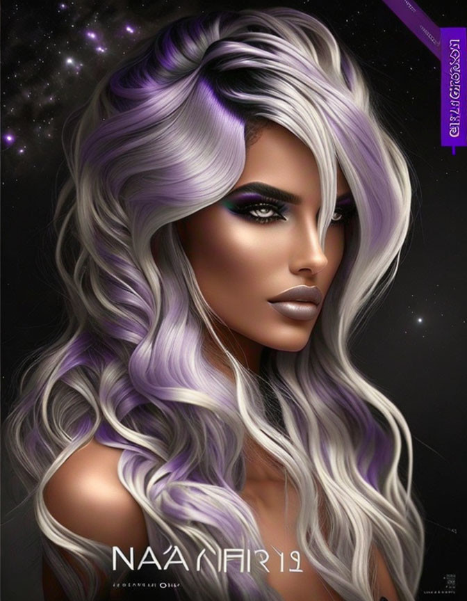 Woman with Voluminous Silver Hair and Purple Makeup on Stardust Background