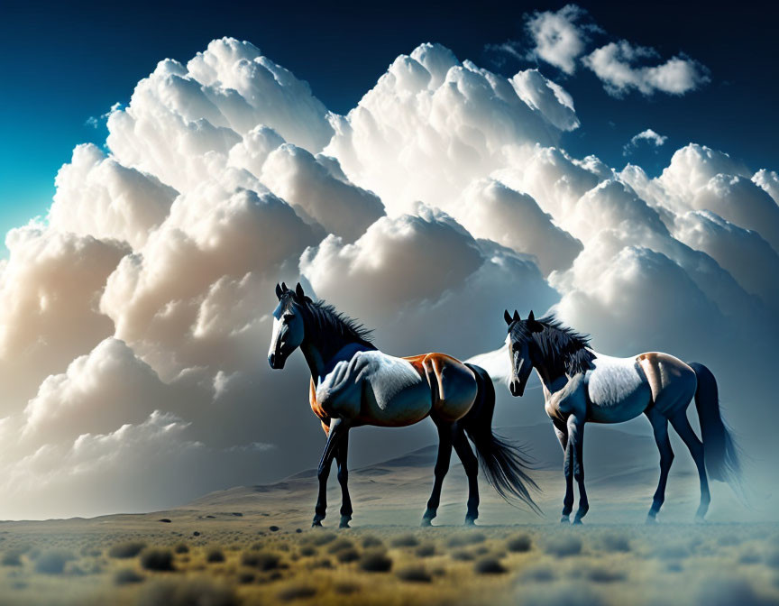 Two horses in desert with dramatic sky.