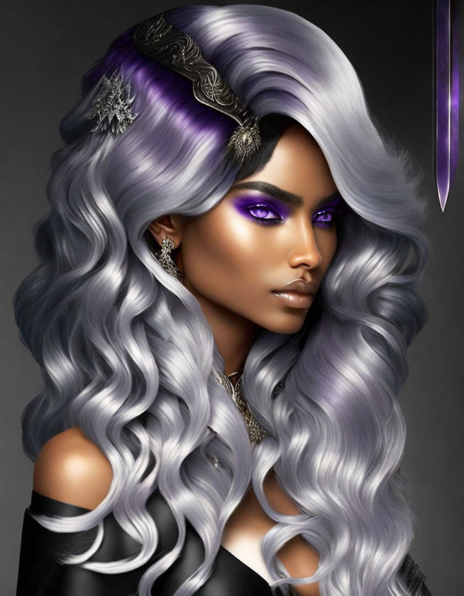 Illustration of woman with silver hair, purple highlights, bold eyeshadow, and silver jewelry