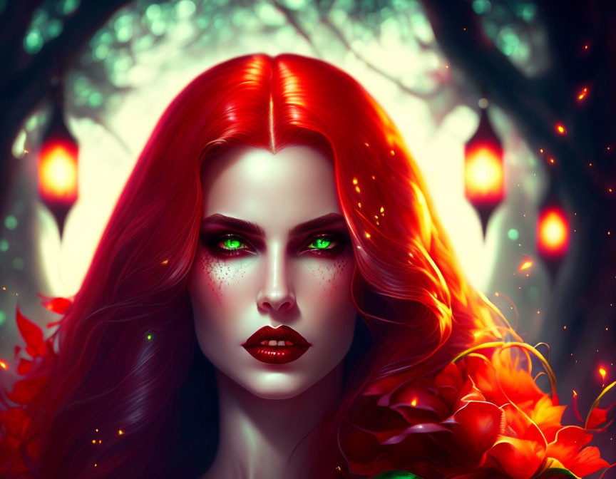 Digital artwork: Woman with red hair, green eyes, and forest background.