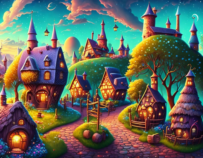 Vibrant twilight village with glowing windows and magical treehouses