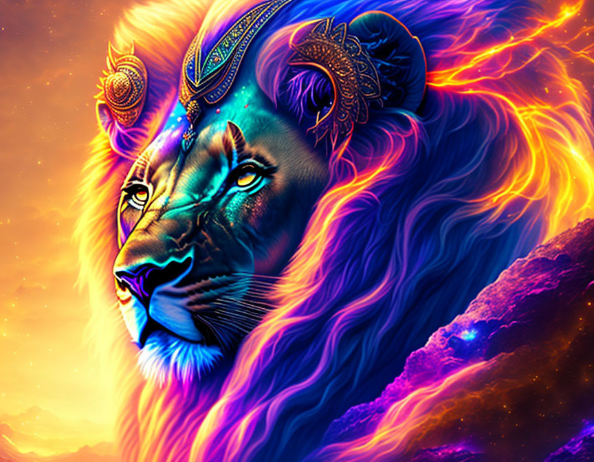 Majestic lion with glowing mane in ornate headdress on fiery cosmic backdrop