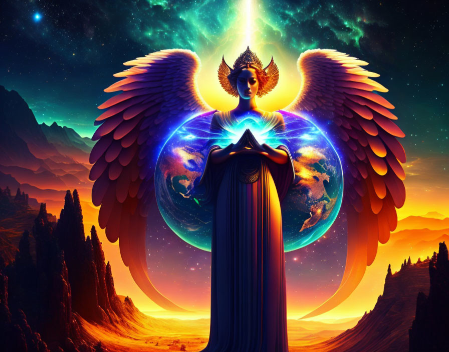 Majestic winged entity with halo cradles Earth in cosmic backdrop