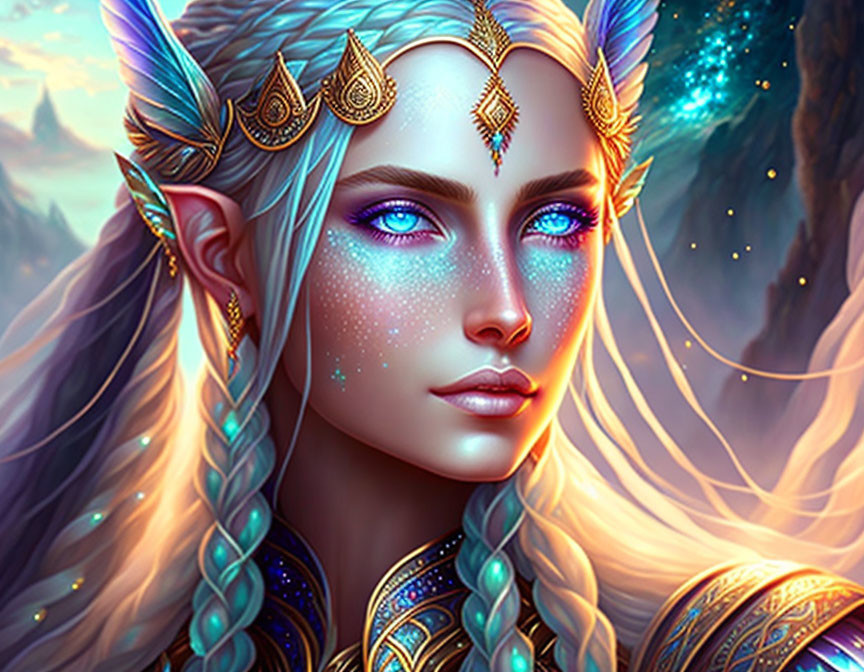 Blue-eyed fantasy elf with pointed ears, golden tiara, and star-like freckles in mystical