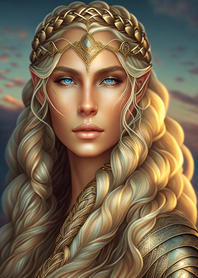 Blonde Elven Woman with Blue Eyes and Gold Headpiece in Dusky Sky