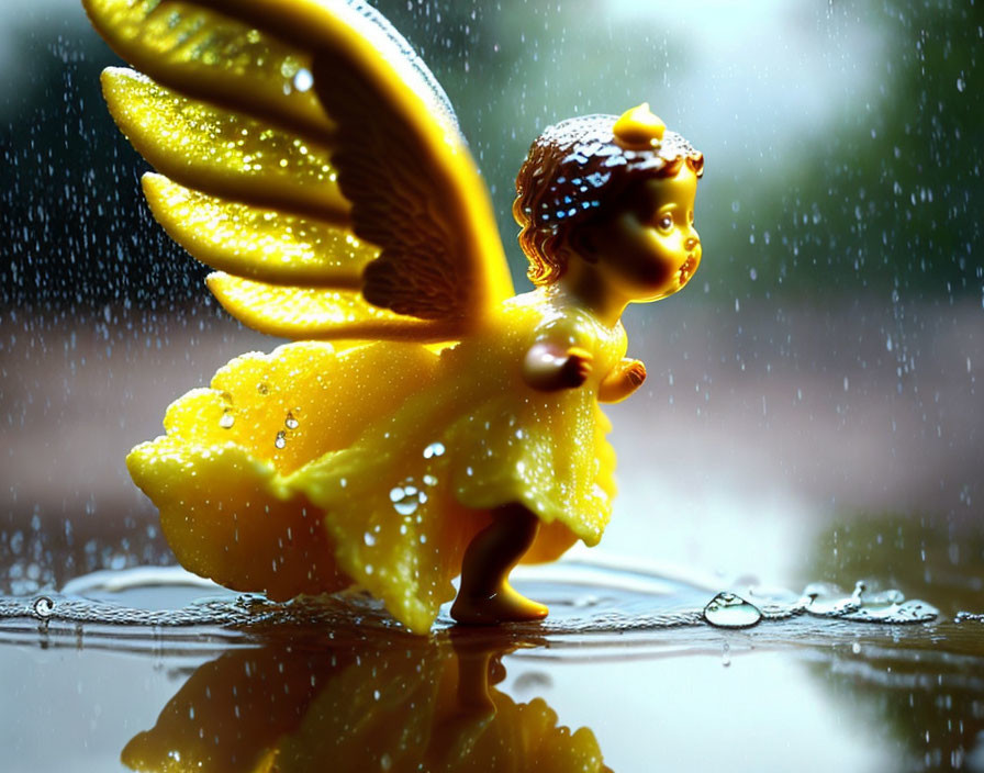 Colorful fairy figurine with yellow wings and dress in water droplets reflection
