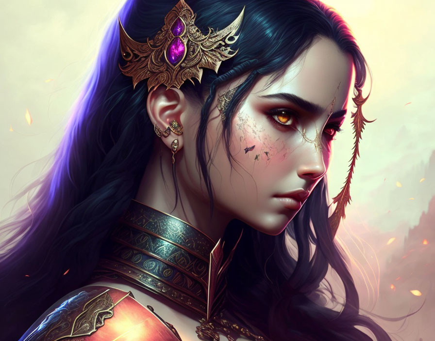 Detailed digital portrait of woman with gold and purple headpiece and armor.