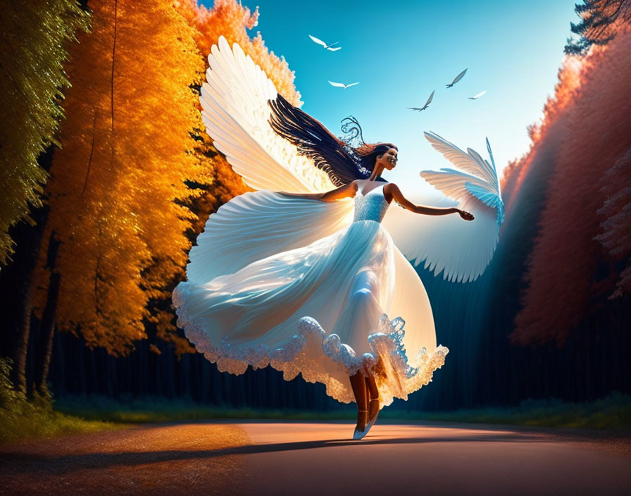 Woman with angelic wings dancing among autumn trees and birds