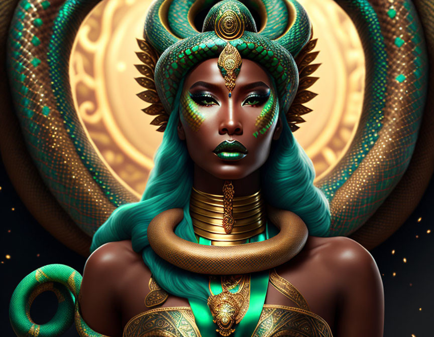 Digital artwork featuring woman with turquoise skin, Egyptian headdress, jewelry, dark makeup, and snake motif