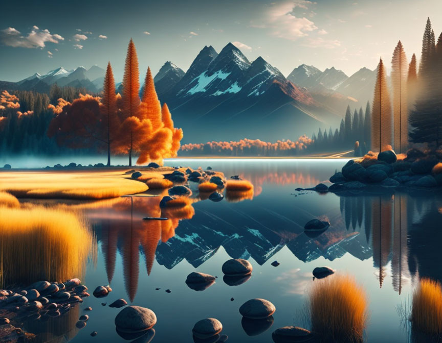 Tranquil lake scene with autumn trees, mountains, and rocks at sunset