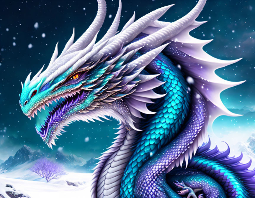 Blue Dragon Artwork in Snowy Night Scene