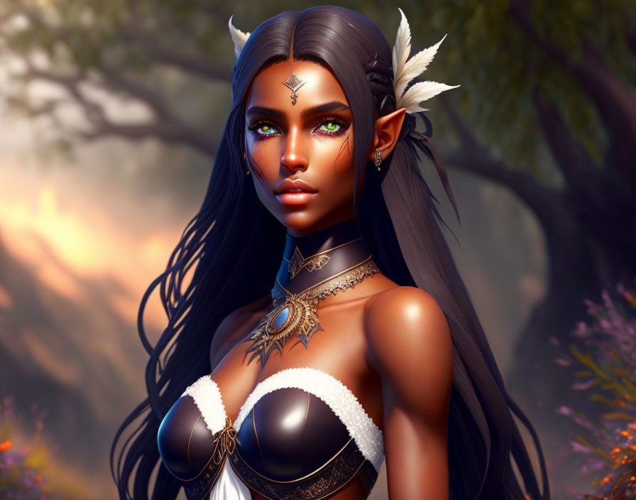 Dark-skinned female elf with green eyes, pointy ears, jewelry, and feathers.