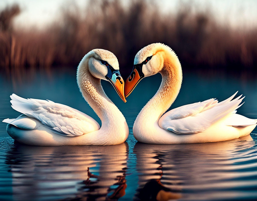 Swans Form Heart Shape on Tranquil Water at Golden Hour