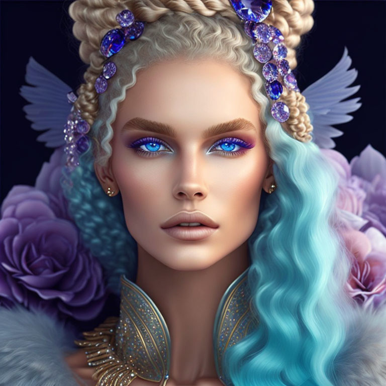 Digital portrait of woman with blue hair and eyes, purple gems, feathers, and flowers.