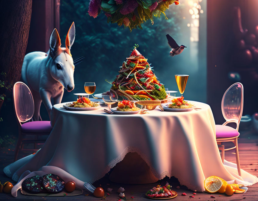 Kangaroo dining in whimsical forest with hummingbirds