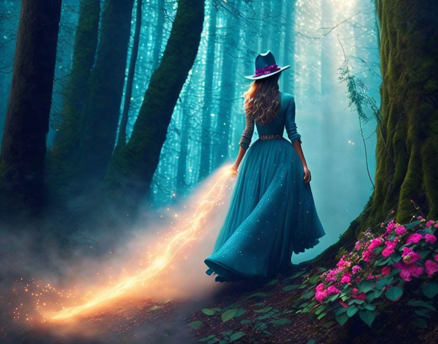 Woman in Blue Dress Channels Magic in Enchanted Forest
