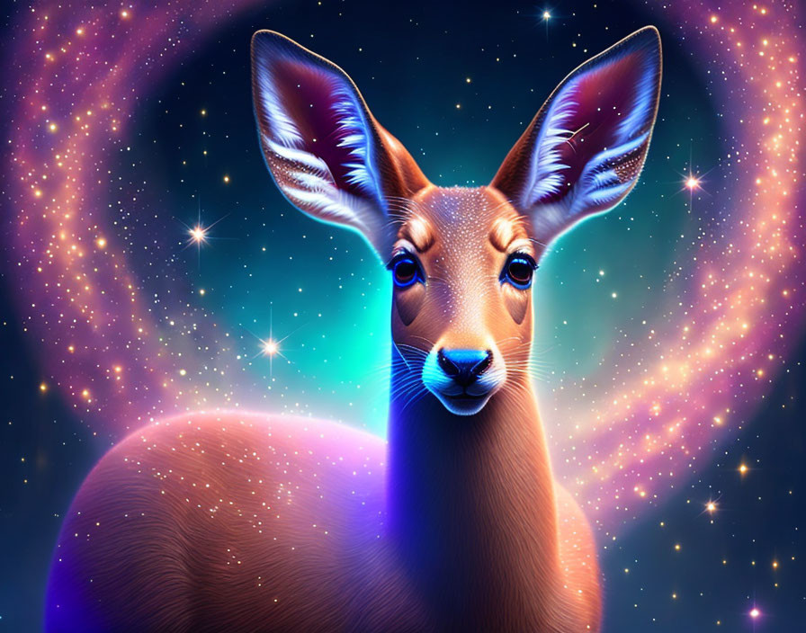 Vibrant digitally-rendered deer in cosmic backdrop with radiant stars